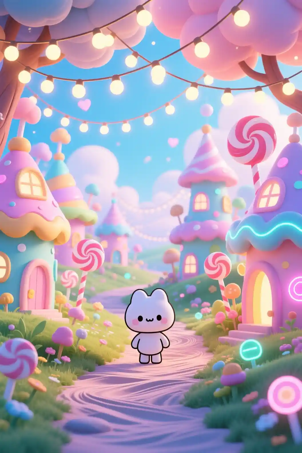 Sentiero Fiabesco dai Colori Zuccherosi in un Paese delle Meraviglie con Luci a Filo