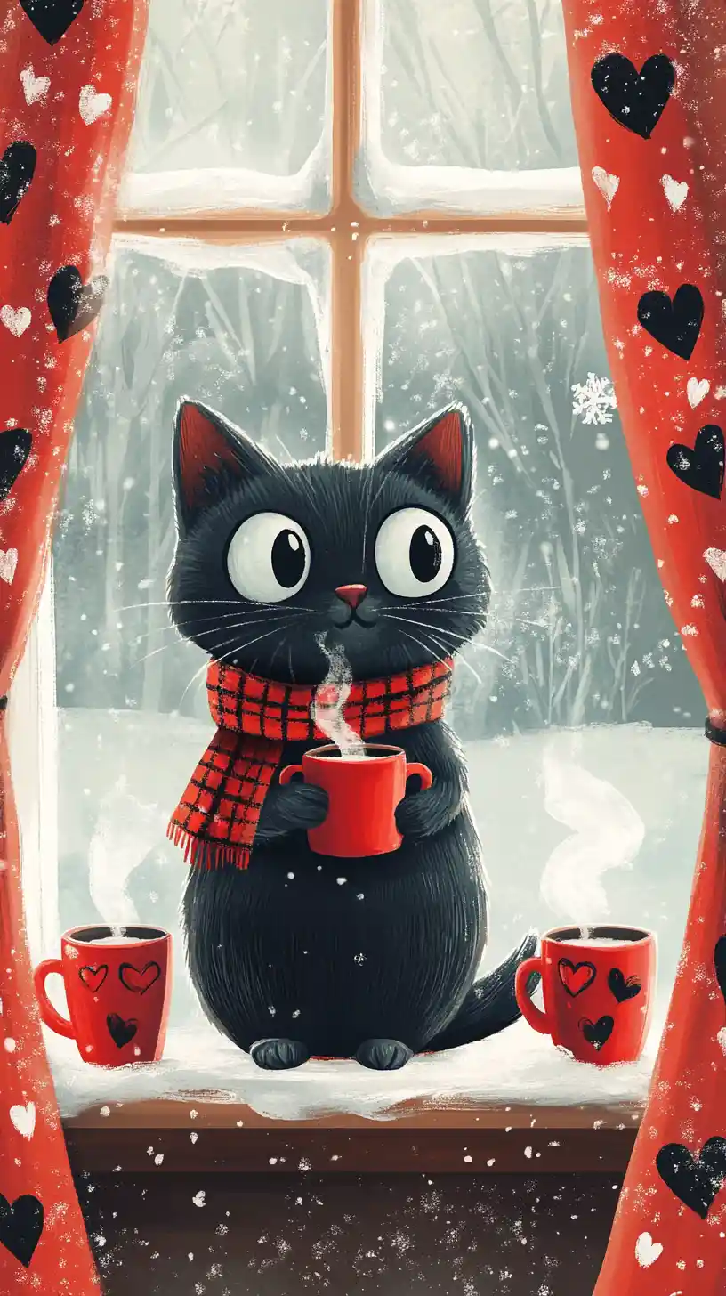Schwarze Katze mit Becher auf gemütlicher Winterfensterbank