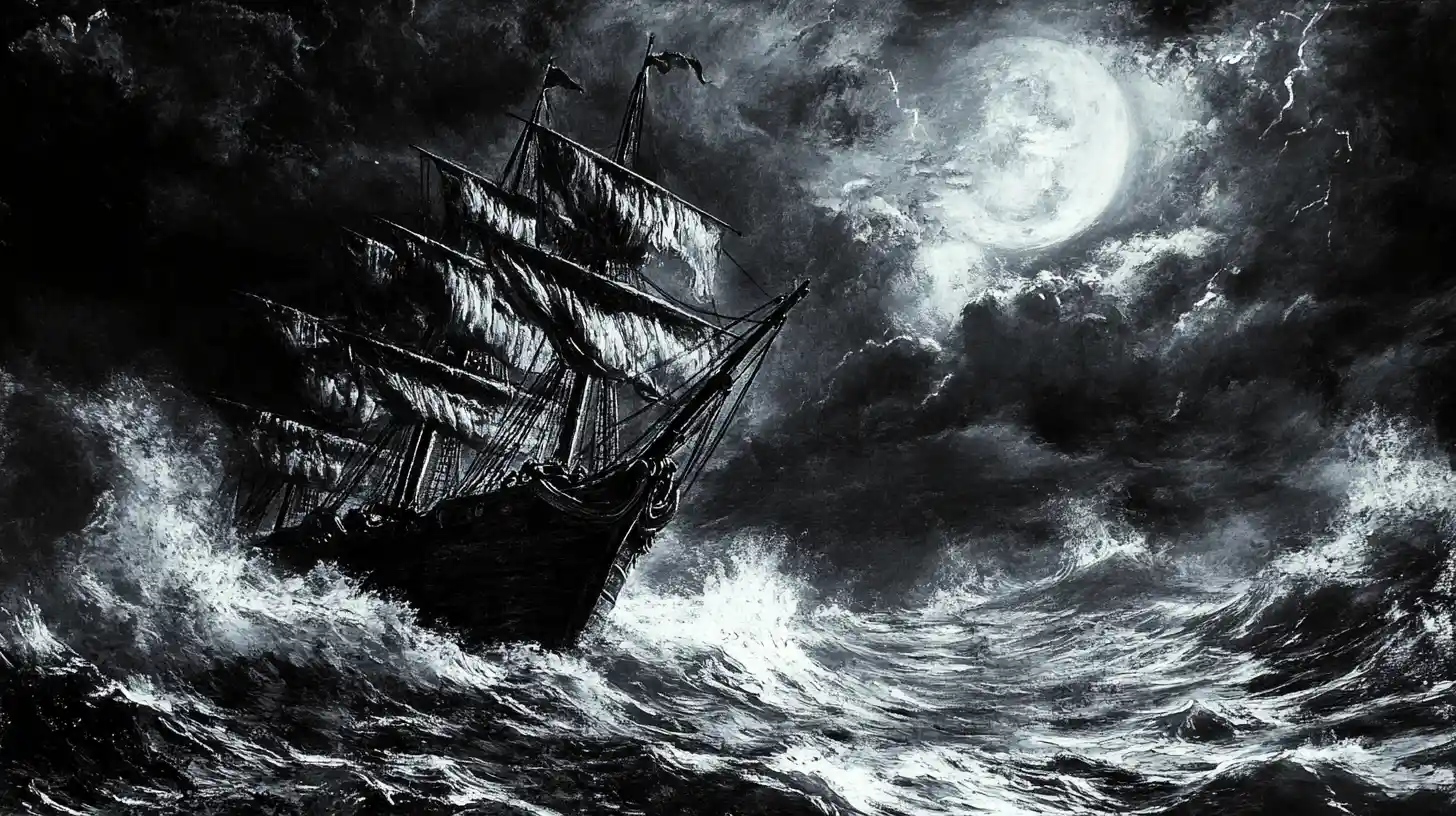 Storm tossed ship under moonlight on raging ocean
