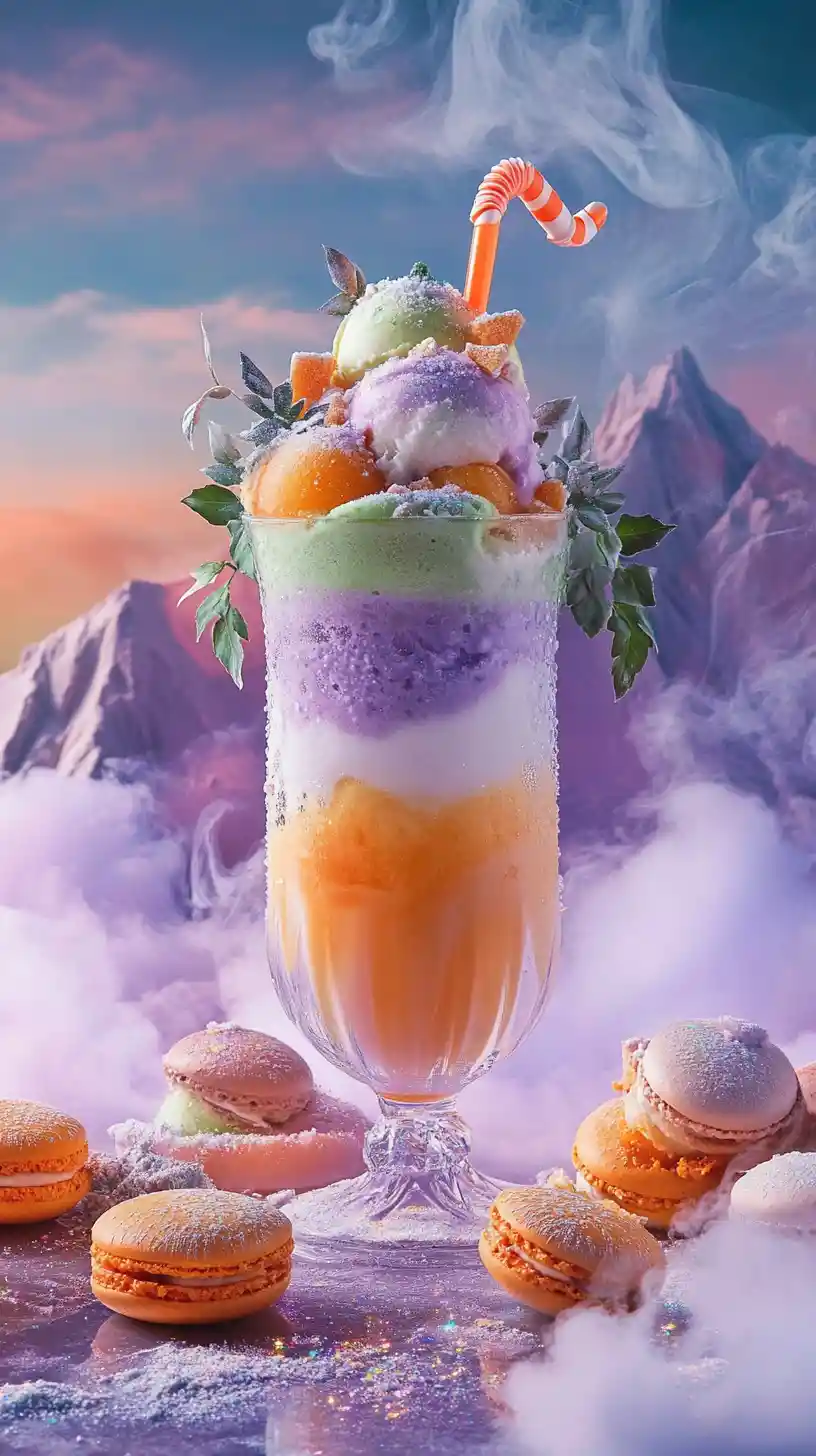 Magical winter dessert glass before distant mountains