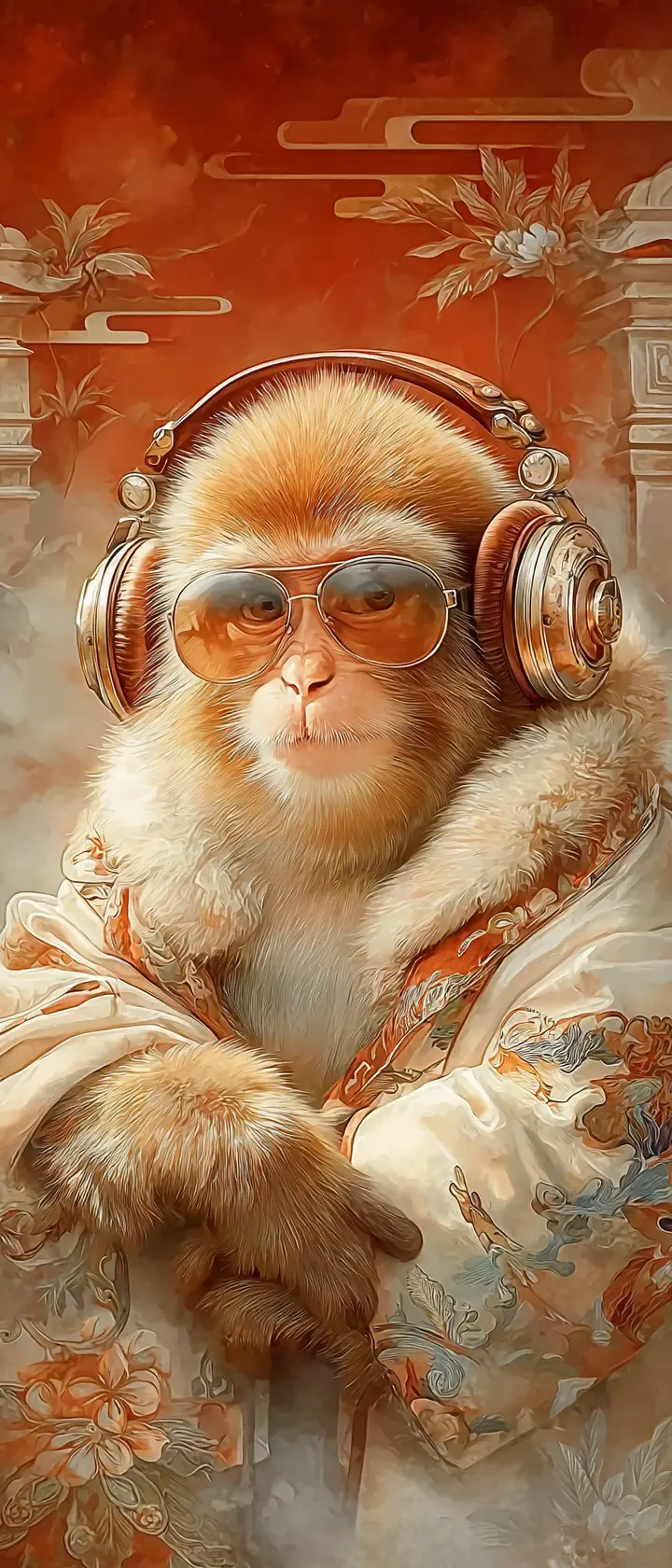 Portrait surréaliste de singe avec fond rouge minimaliste et audacieux