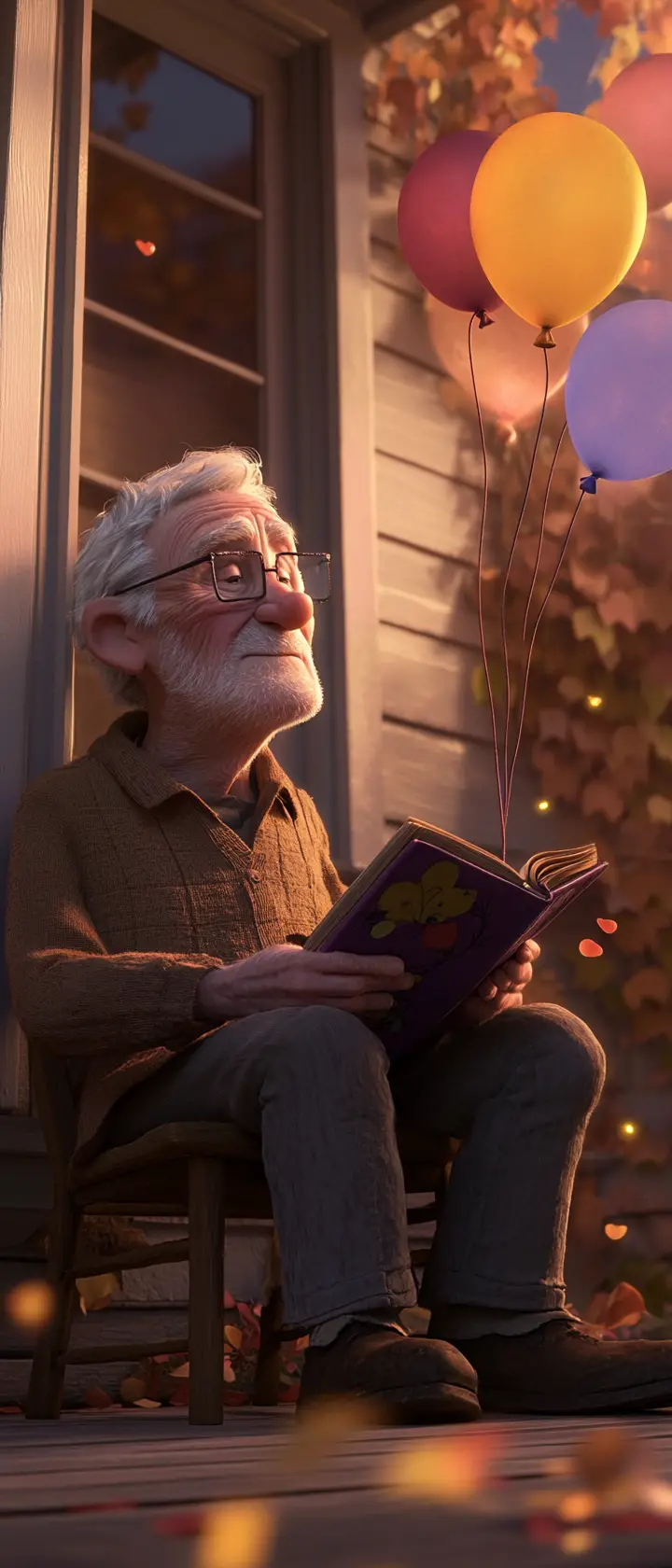Elderly man on porch at twilight holding a balloon