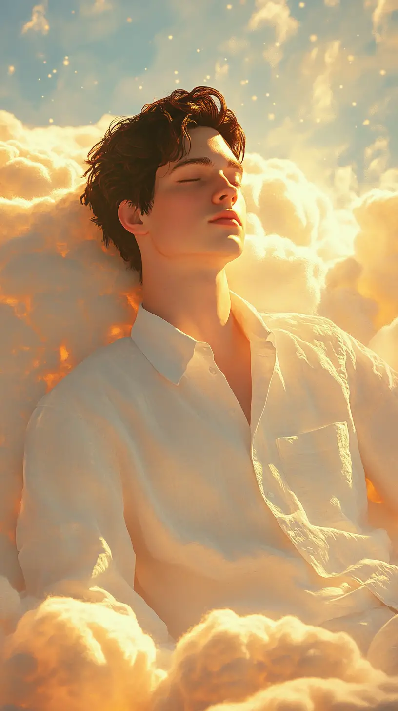 Jeune homme se reposant sur des nuages lumineux dans une lumière dorée