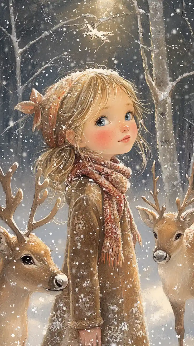 Girl With Reindeer In A Whimsical Snowy Winter Scene