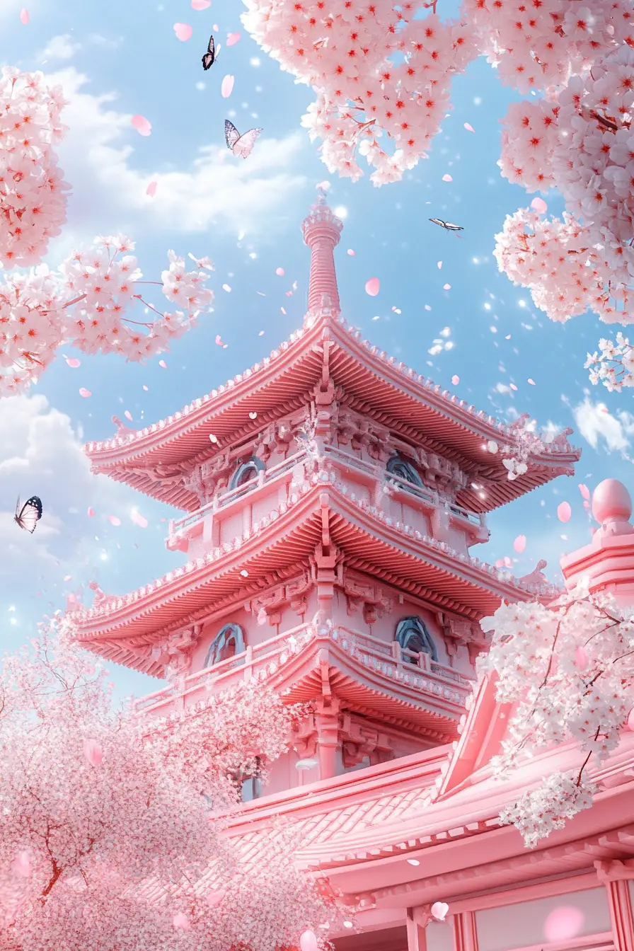 Dreamy Pastel Pagoda Town With Floating Sakura Petals