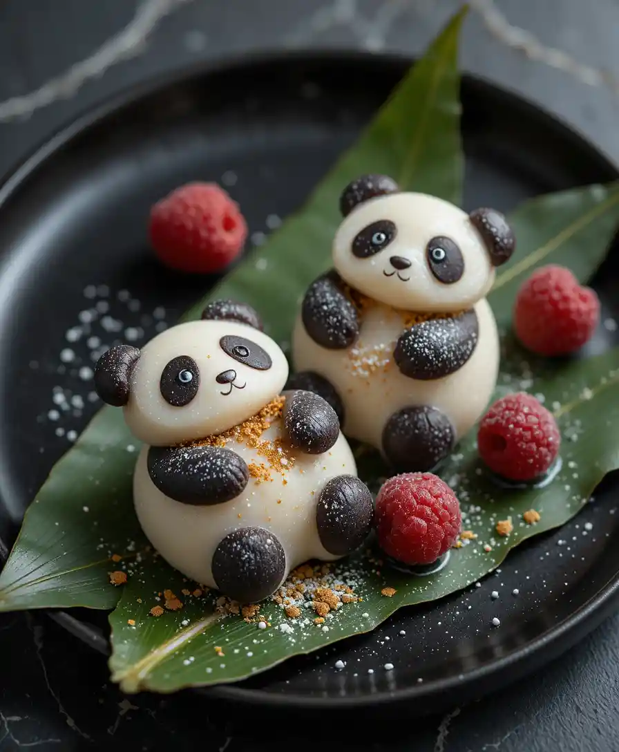 Fotografía gastronómica en primer plano de postre de helado de mochi de panda