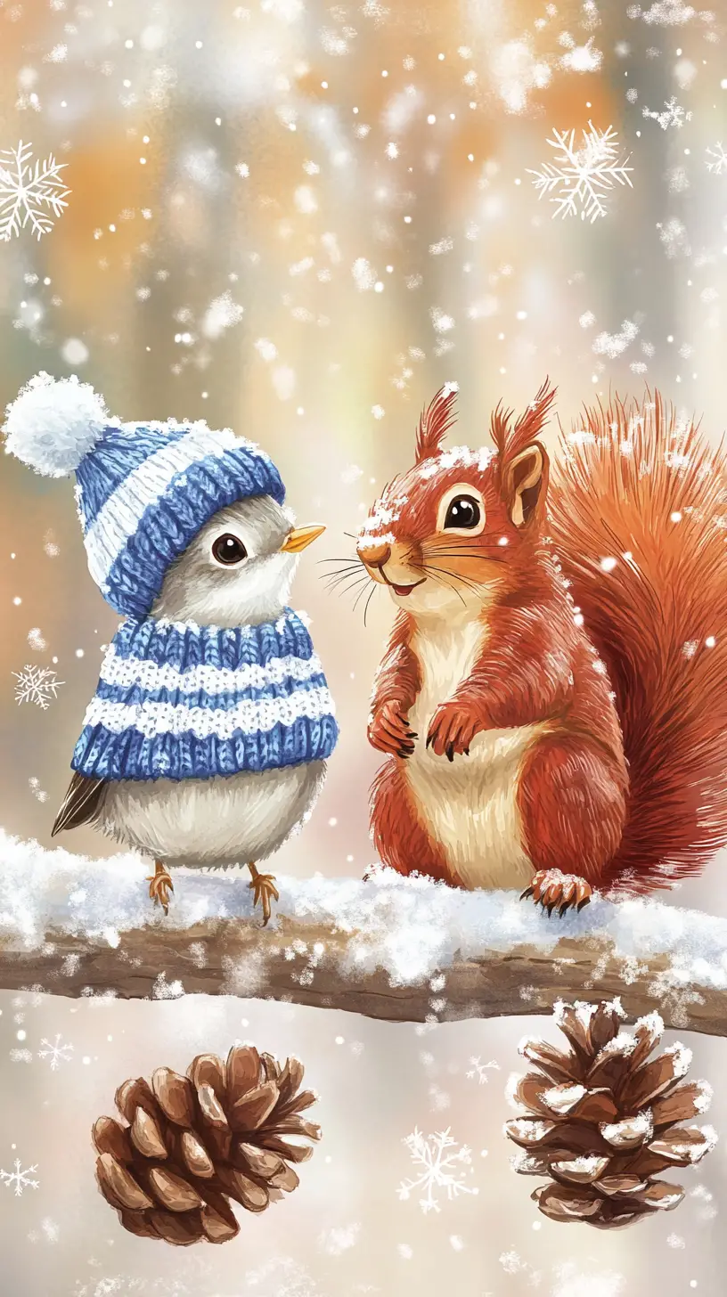 Aquarell-Rotkehlchen und Eichhörnchen auf verschneitem Waldbast