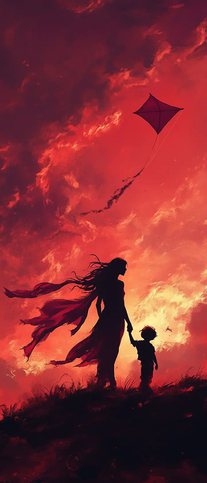 Mother and child embrace at sunset above distant valley