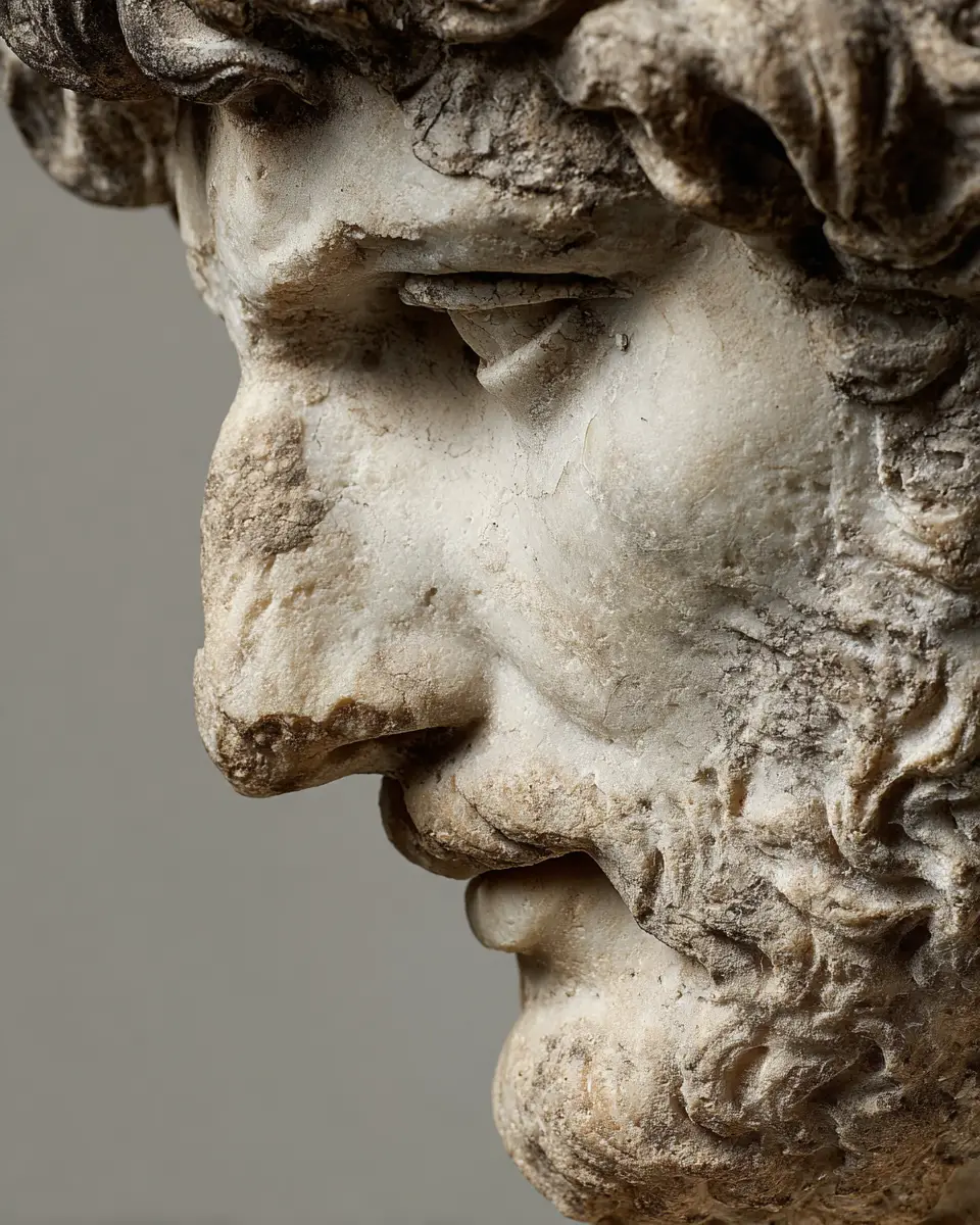 灰色の背景にあるハドリアヌスのギリシャ彫刻の頭部クローズアップ