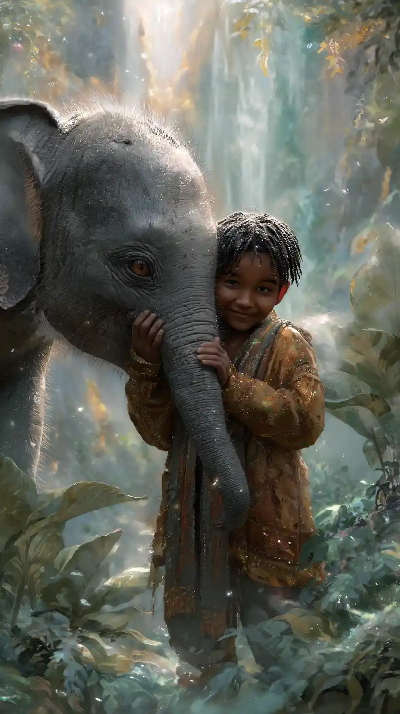 Young Indian boy with baby elephant in jungle