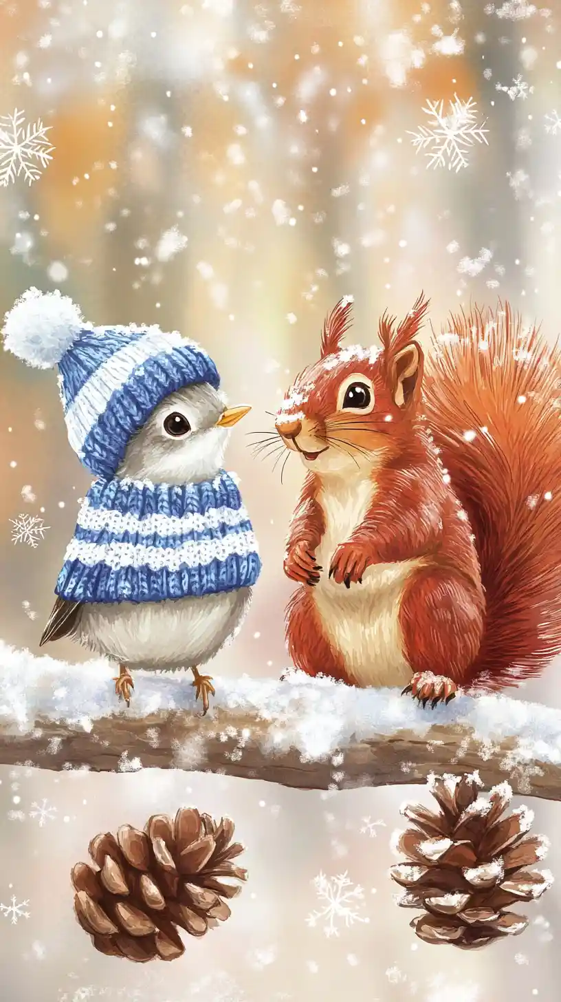 Aquarell-Rotkehlchen und Eichhörnchen auf verschneitem Waldbast