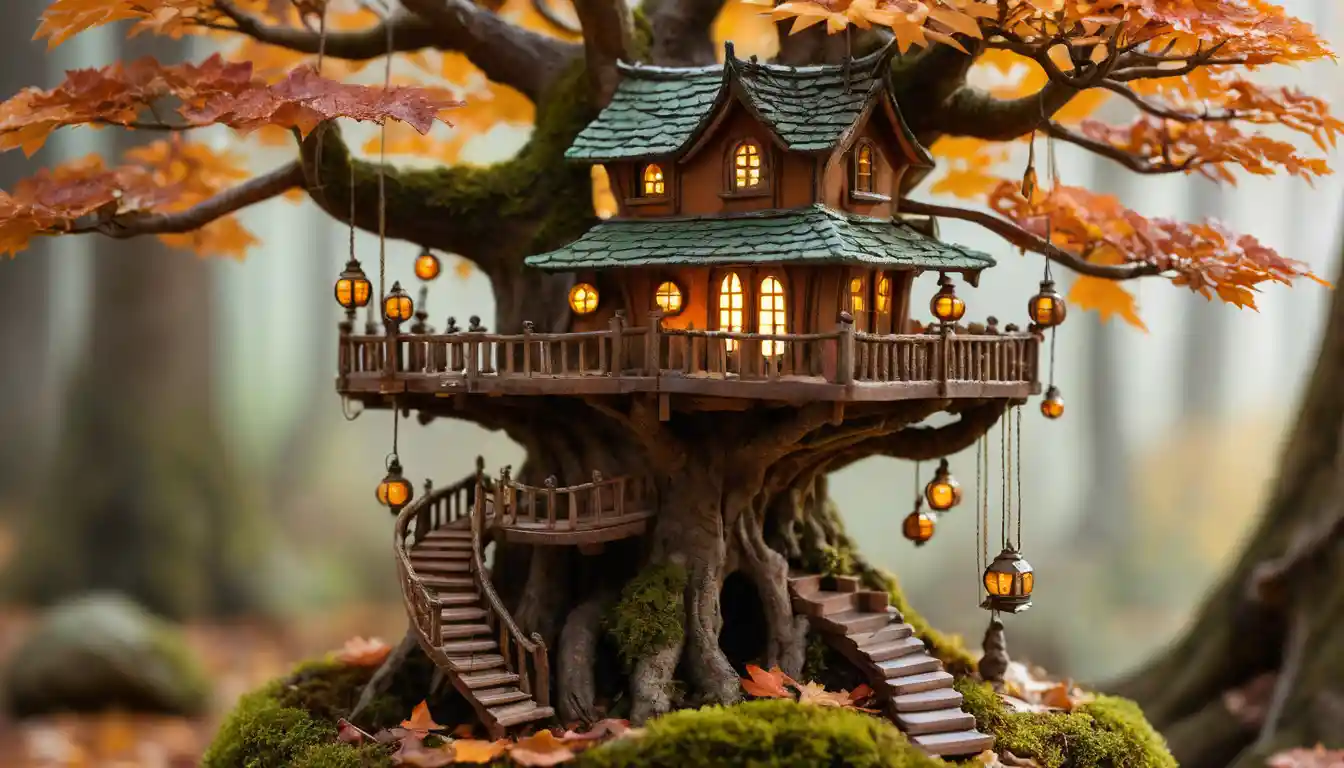 Miniature Fairy Treehouse In Autumn Bonsai Maple Branches