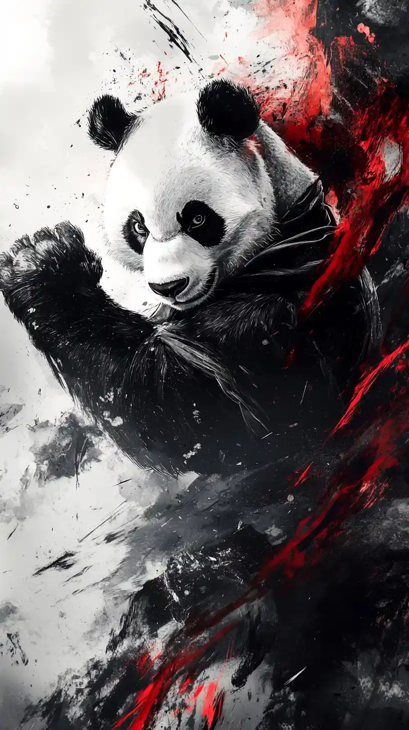 Krieger-Panda in dynamischer Sumi-e Tinten-Splash-Action