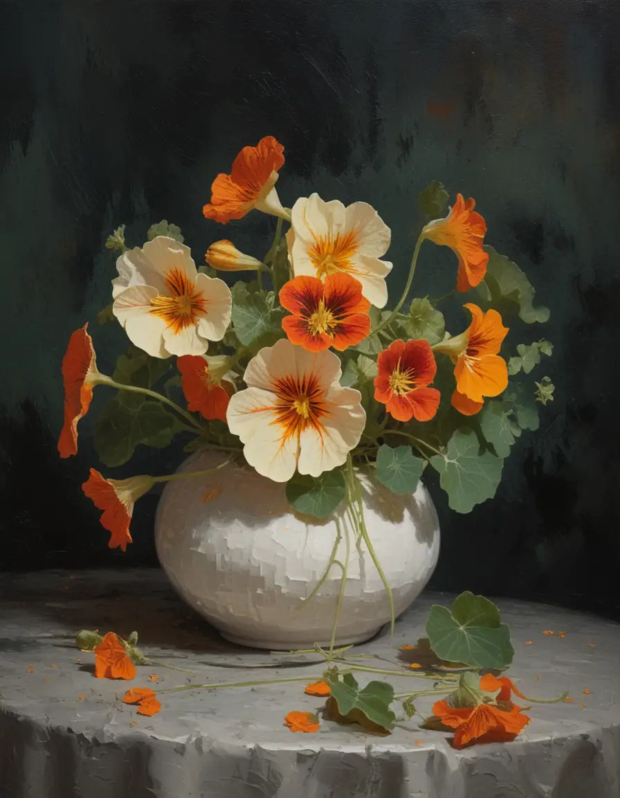 Still life bouquet of nasturtium flowers in white vase