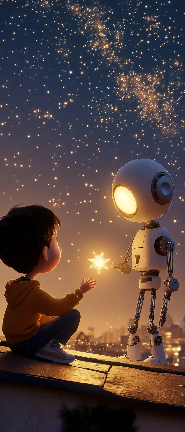 Junge und Roboter teilen sich einen Stern auf einem Dach in der Nacht