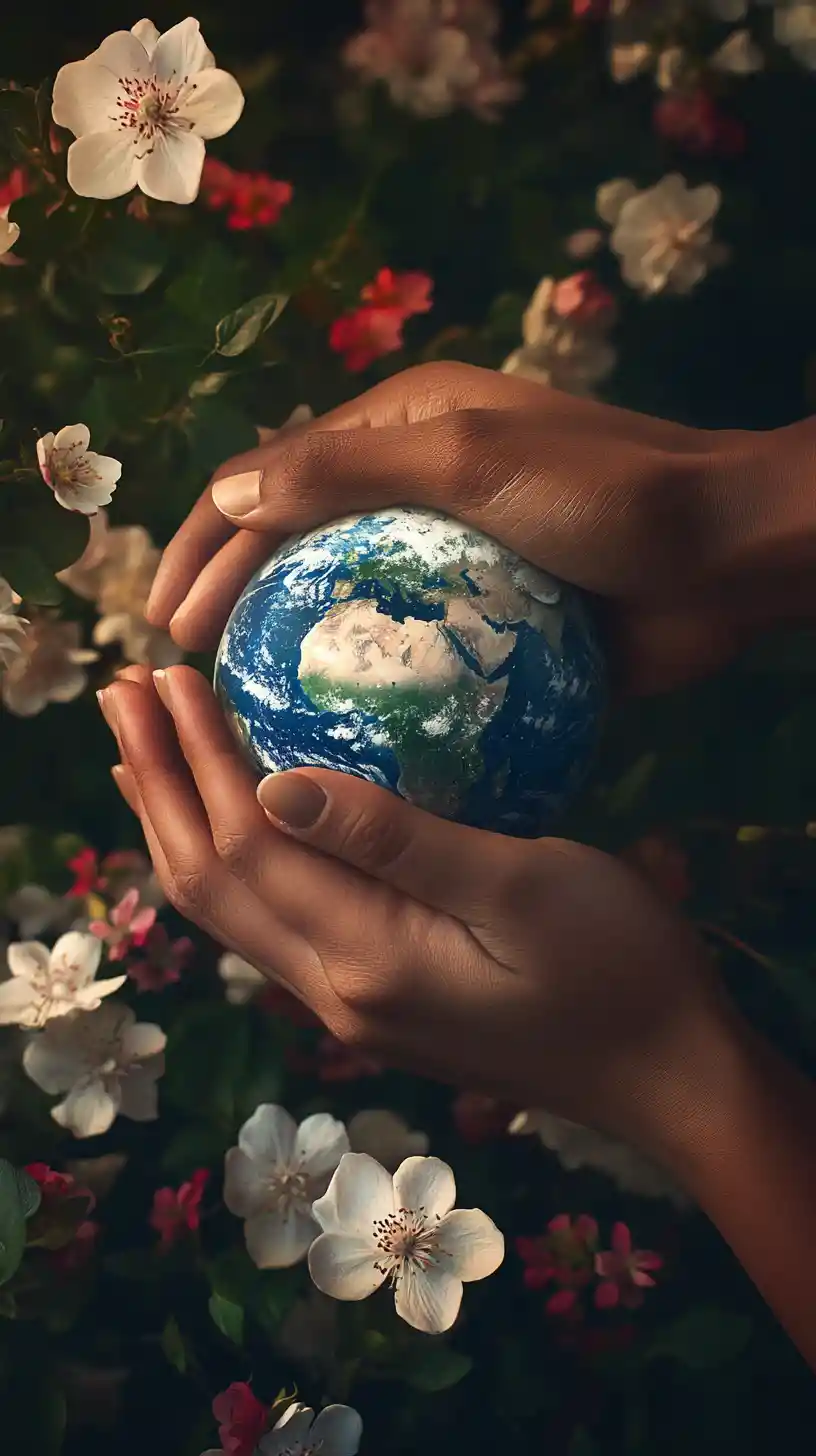Mani che sollevano una piccola Terra circondata da fiori
