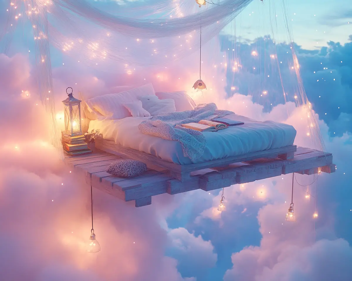 Balcon douillet avec lit flottant dans un ciel pastel de rêve