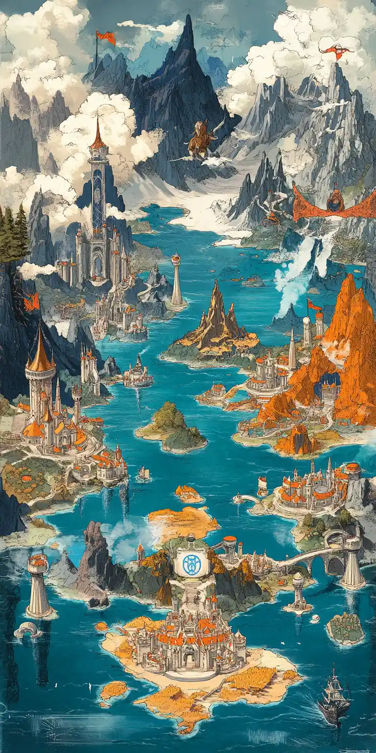 Mappa fantasy dei sette regni con città e fiumi