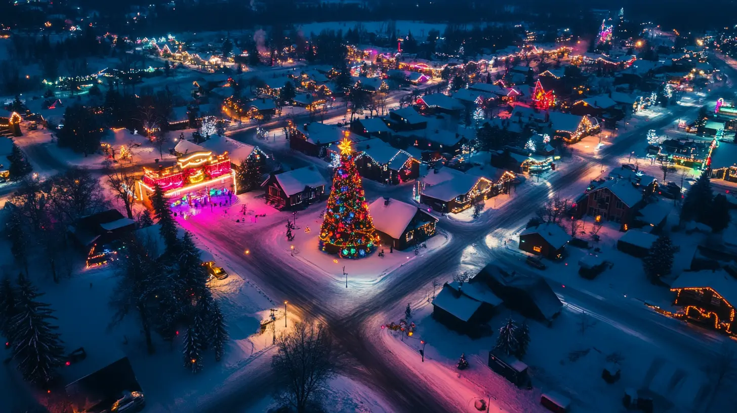 Paysage urbain enneigé avec lumières de Noël et haute tour