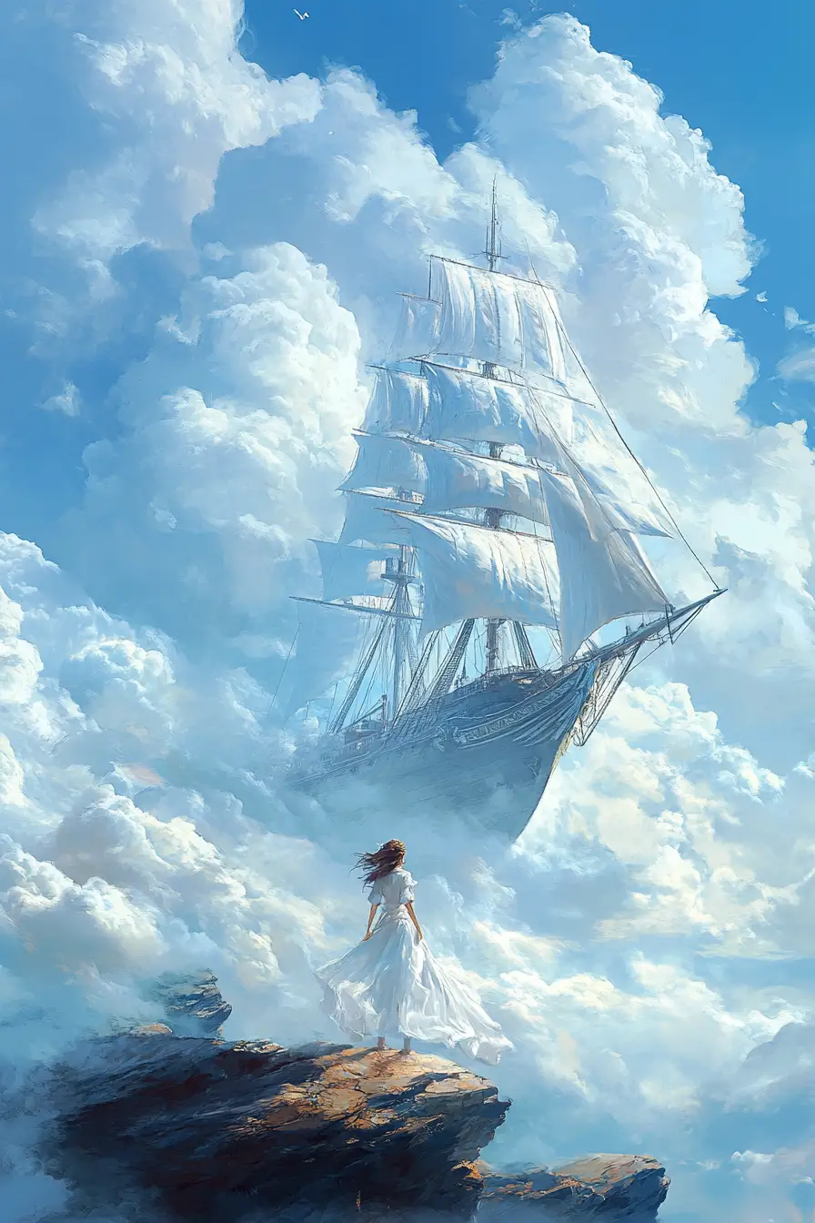 Mujer observando un enorme velero entre las nubes