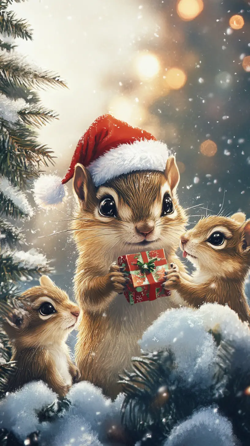 サンタ帽をかぶったかわいいシマリスが森にクリスマスプレゼントを届ける