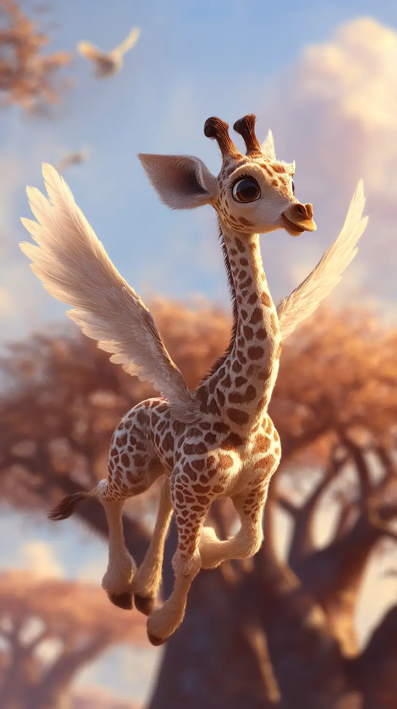 Dolce giraffa alata che vola sopra un albero alto