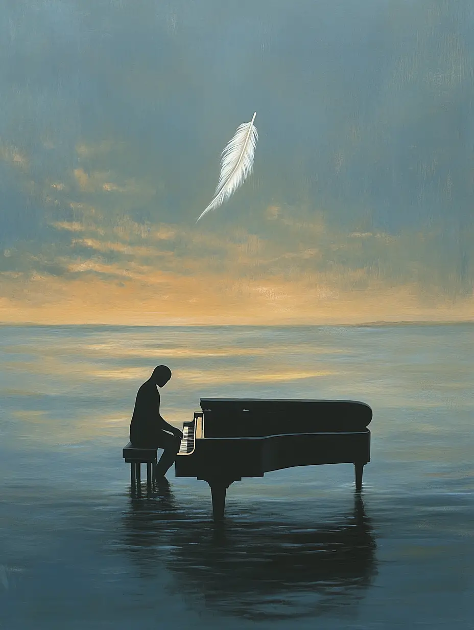 Figura surreale senza volto al pianoforte in un oceano silenzioso