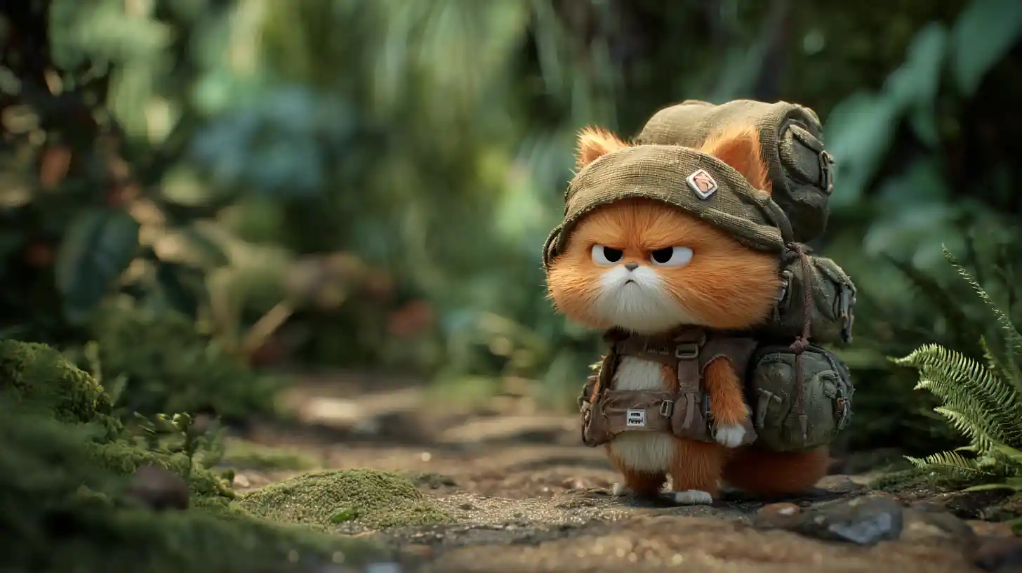 Small 3d orange kitten with huge backpack in forest