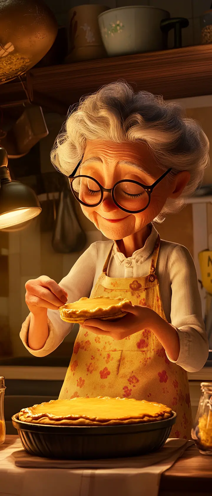 Cartoon-Oma teilt Kuchen mit traurigem Waisen im Küche