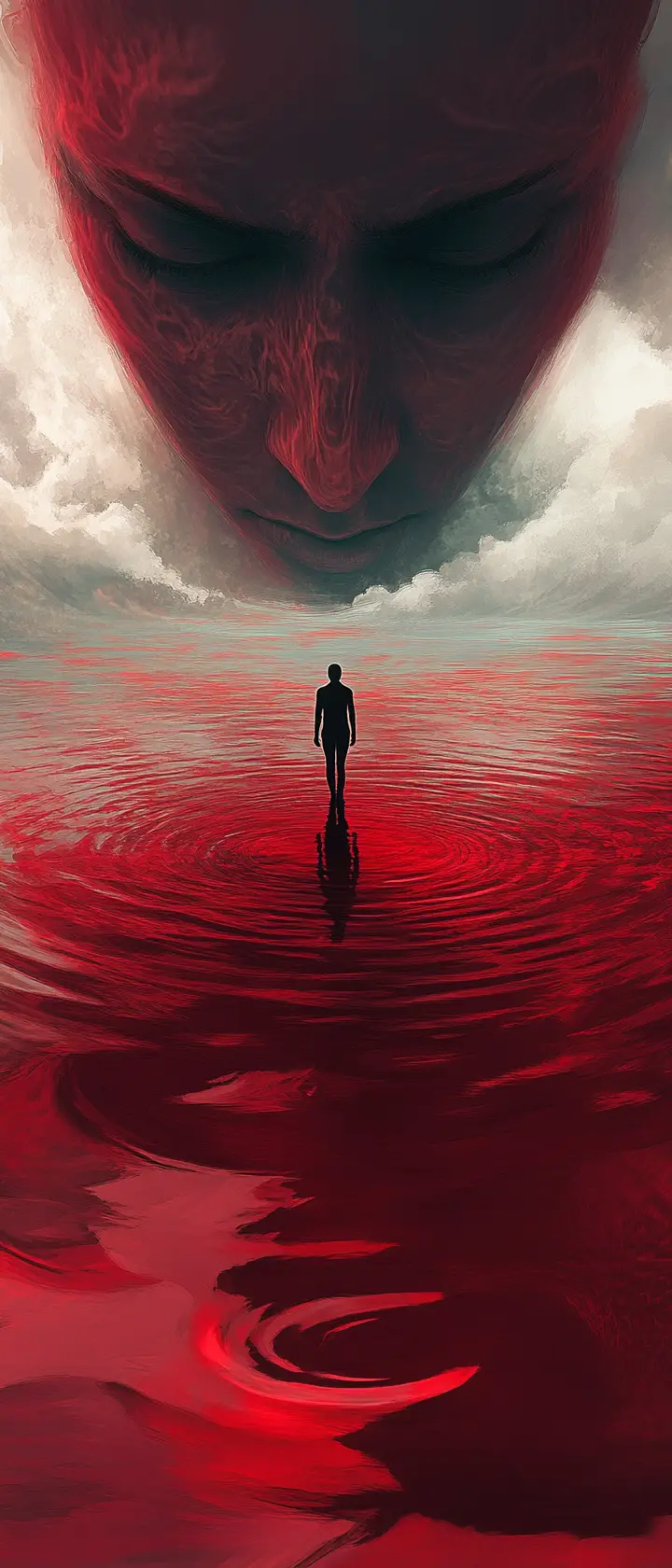 Einsame Gestalt, die über ein surreales Meer aus Gesichtern geht