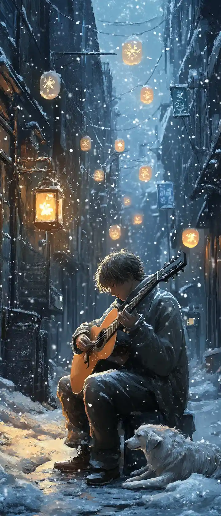 Musicista di strada che suona la chitarra in un vicolo innevato della città