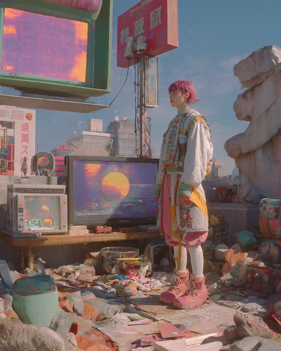 融合多個時代科技的超現實屋頂時尚場景