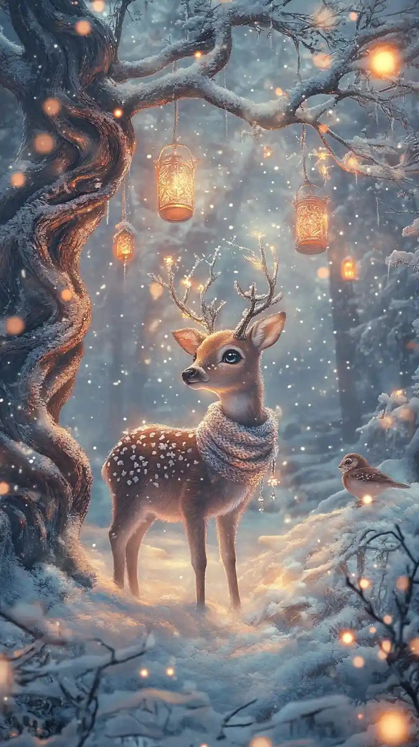 Enchanted Baby Deer In Lantern Lit Winter Forest