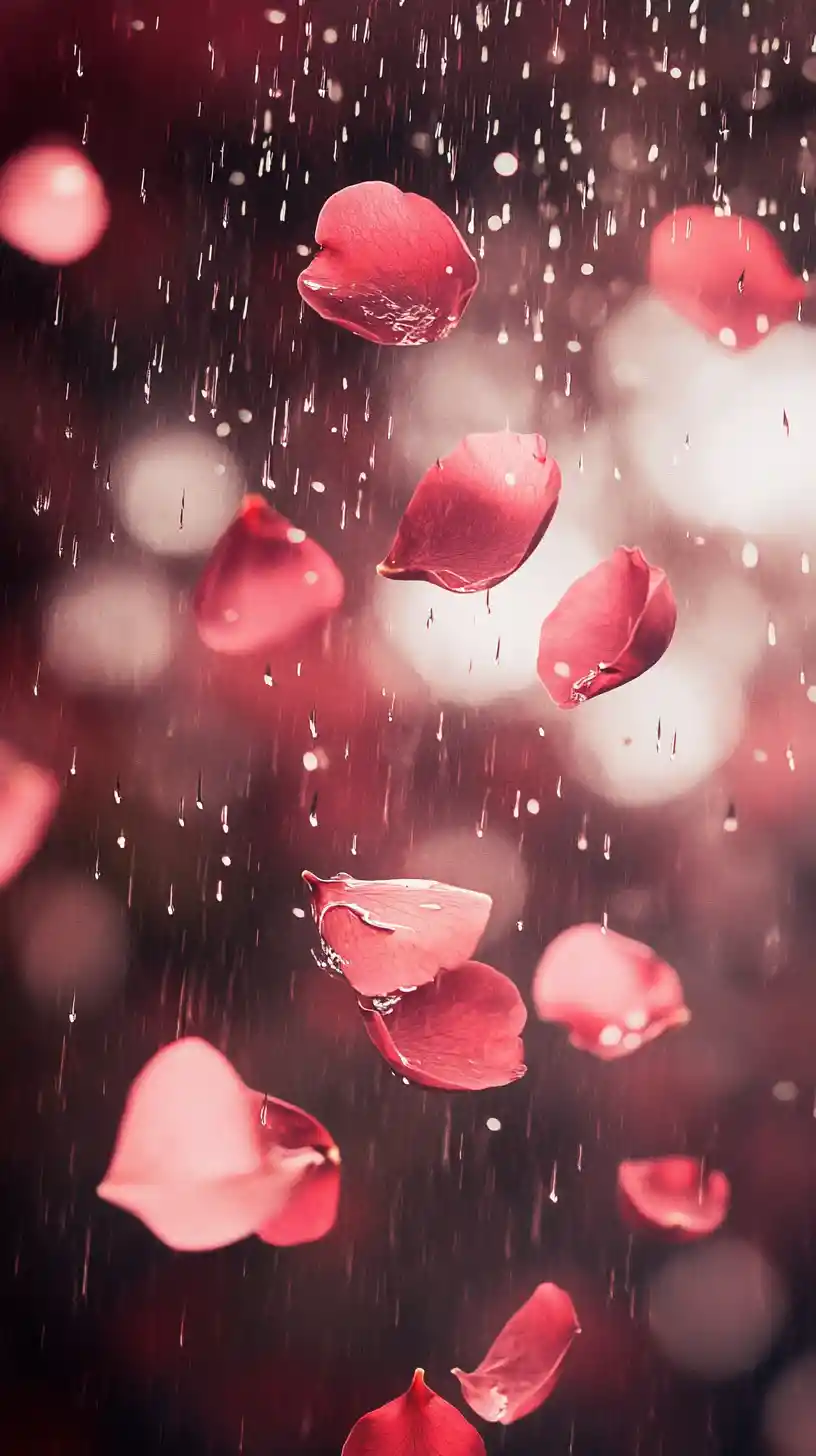 雨中飄落玫瑰花瓣的柔和水彩畫