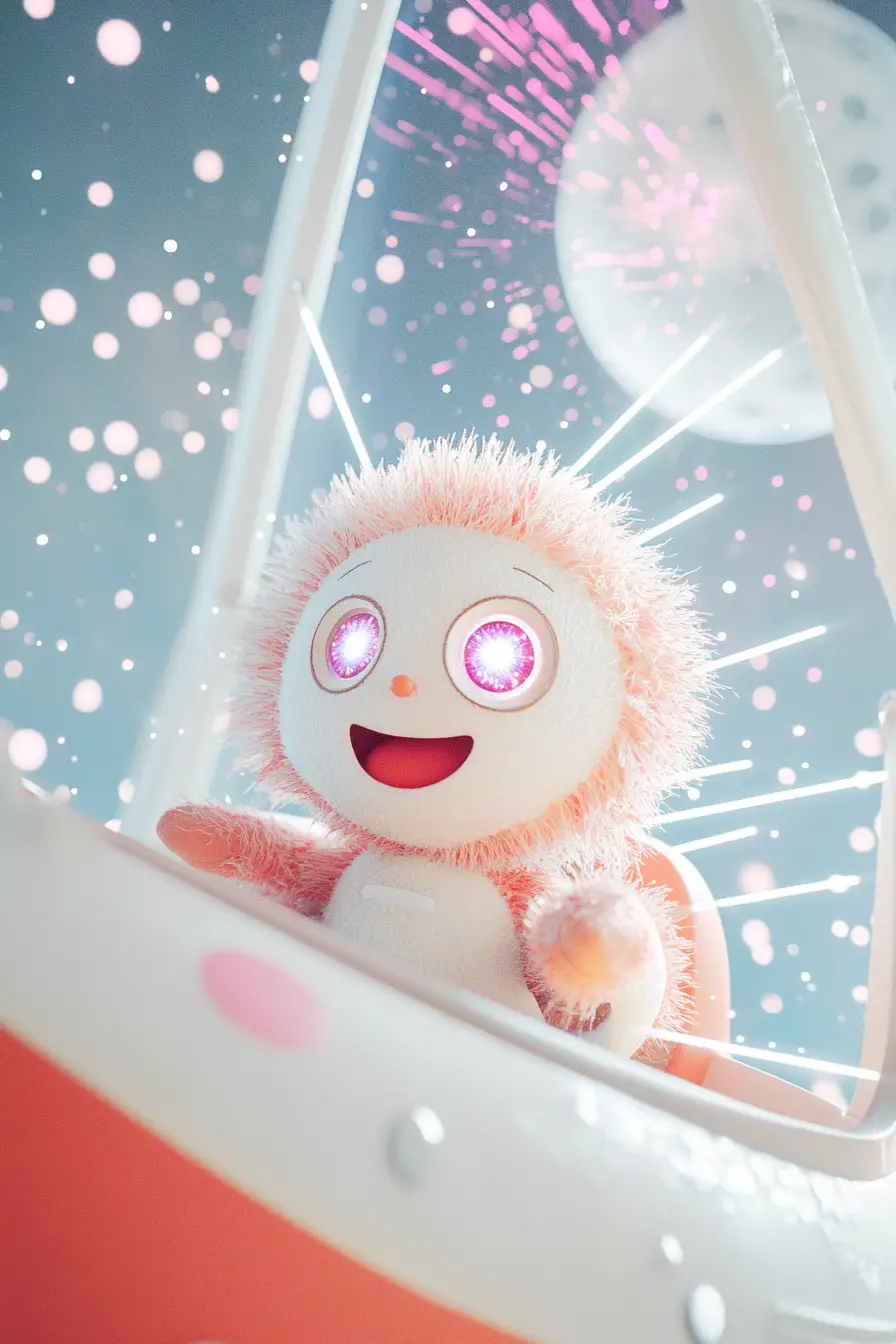 笑顔のファンタジーパペットが宇宙船で月へ飛んでいく