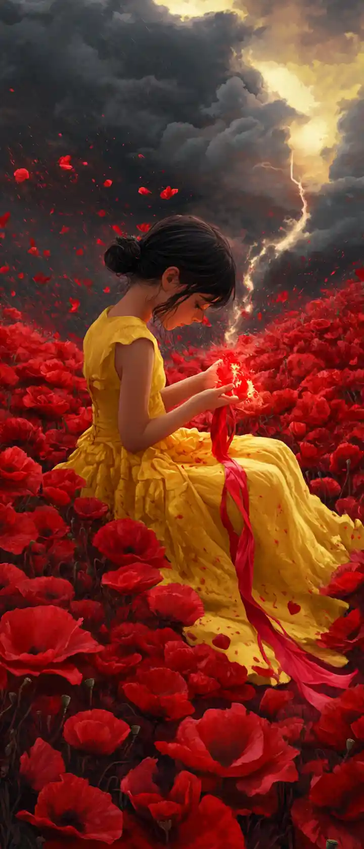 Chica con vestido amarillo arrodillada en un campo de amapolas rojas