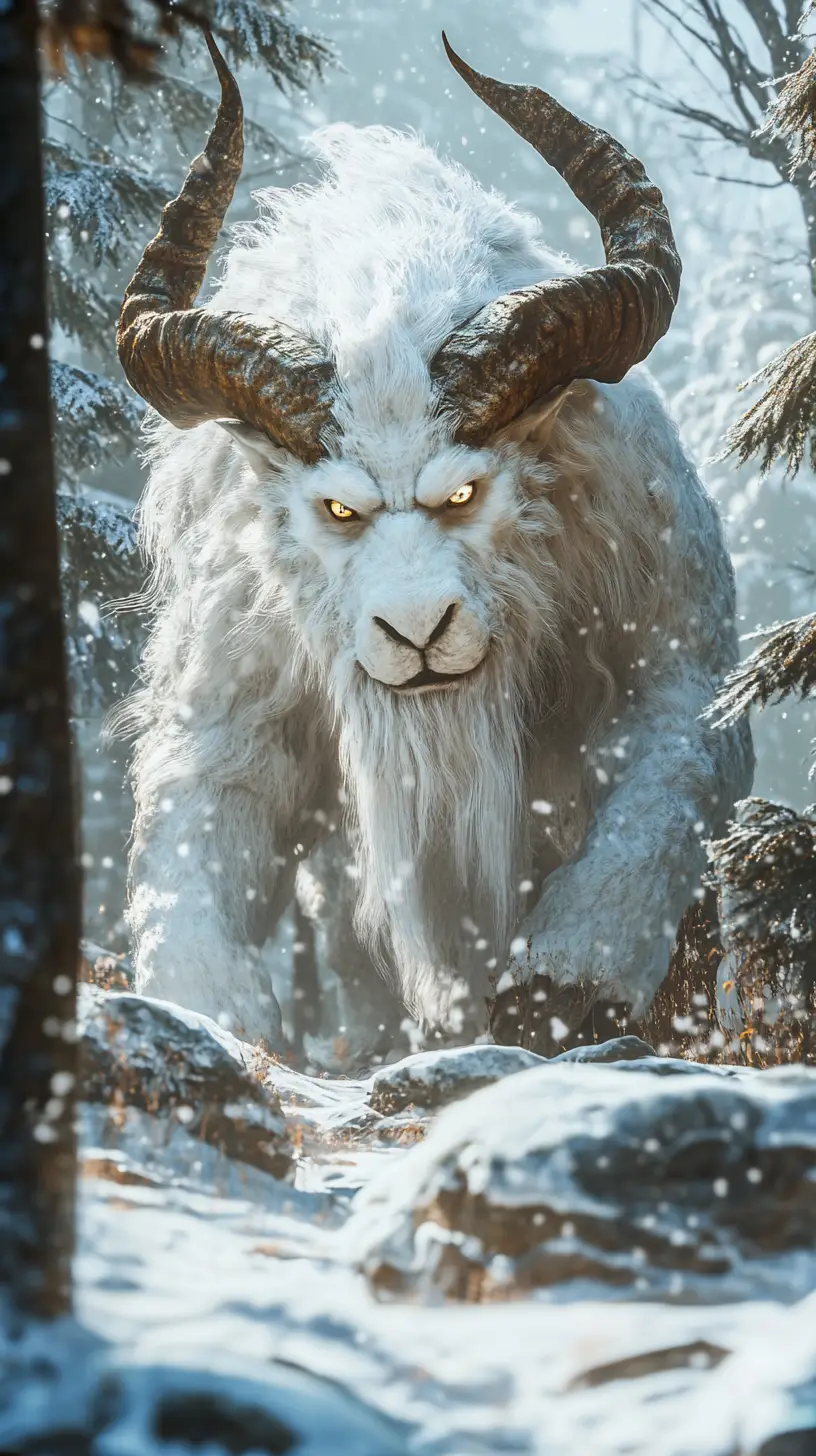 Maestosa chimera bianca con corna in una foresta innevata