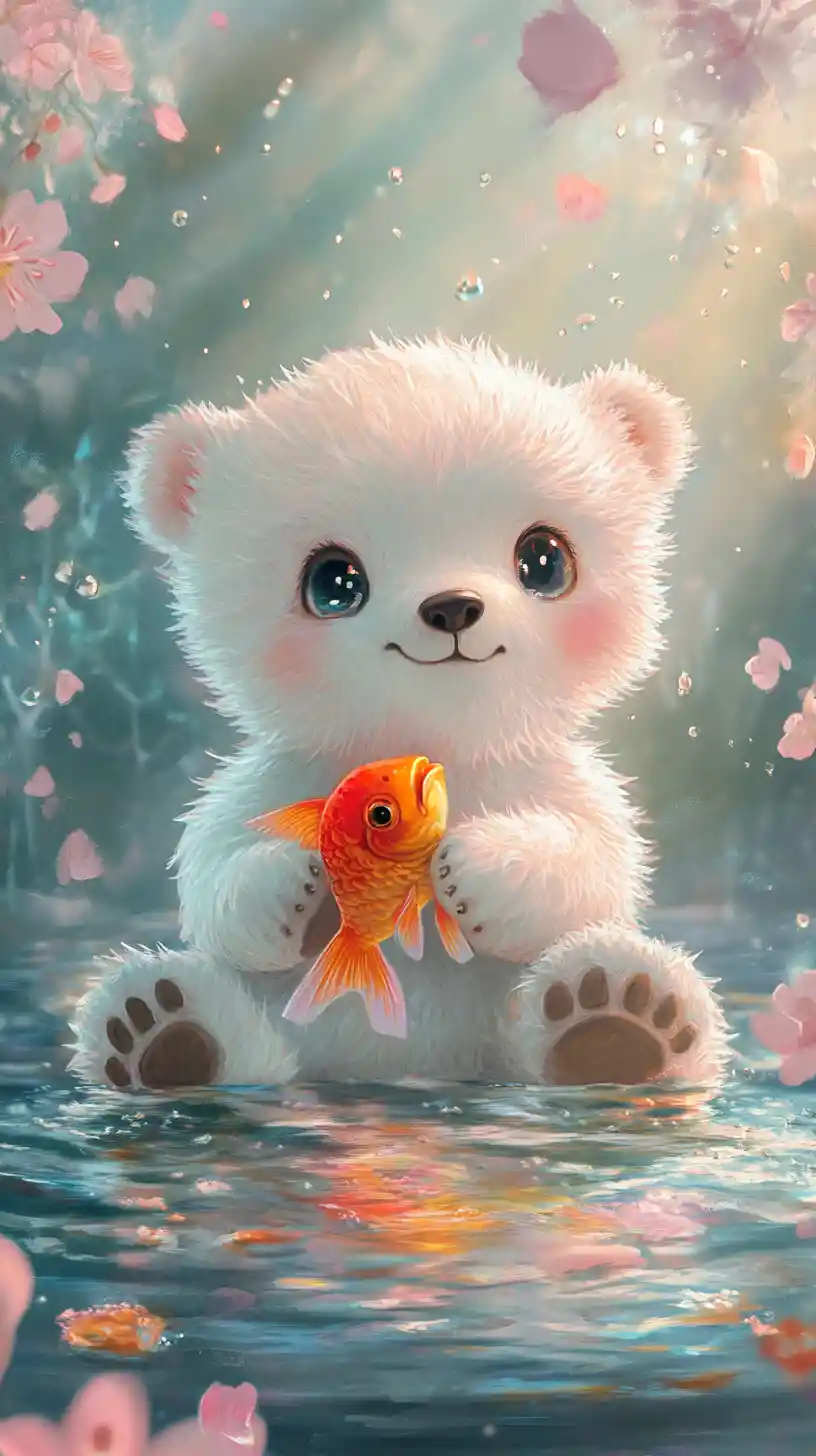 Cute baby polar bear holding goldfish in pastel water