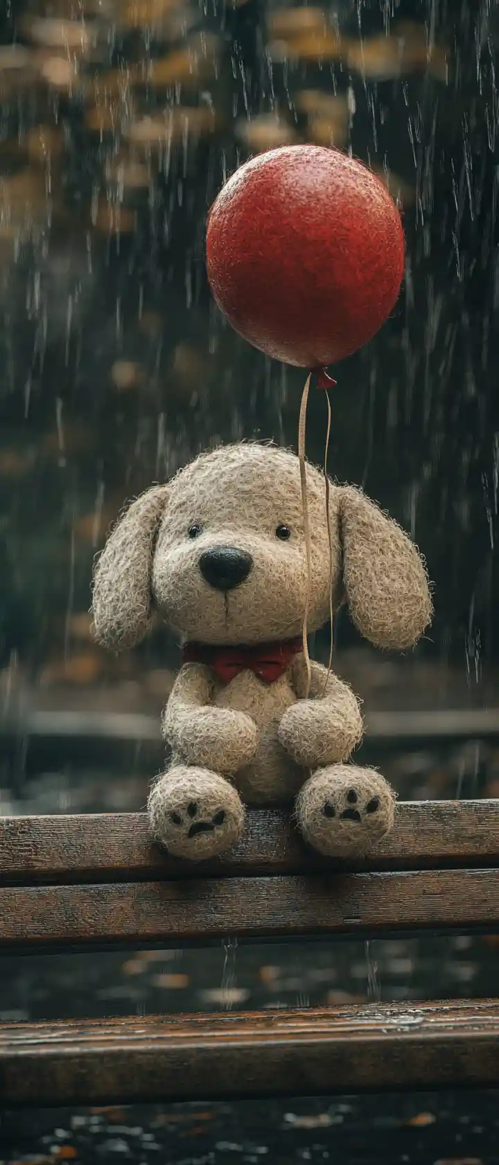 Trauriger Plüschhund auf regennasser Parkbank mit Ballonschnur