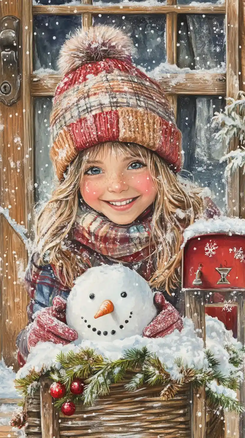 Ragazza sorridente che costruisce un pupazzo di neve sul portico di una baita innevata