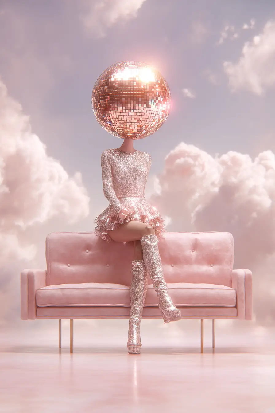 Woman With Disco Ball Head On Pink Couch In Sky