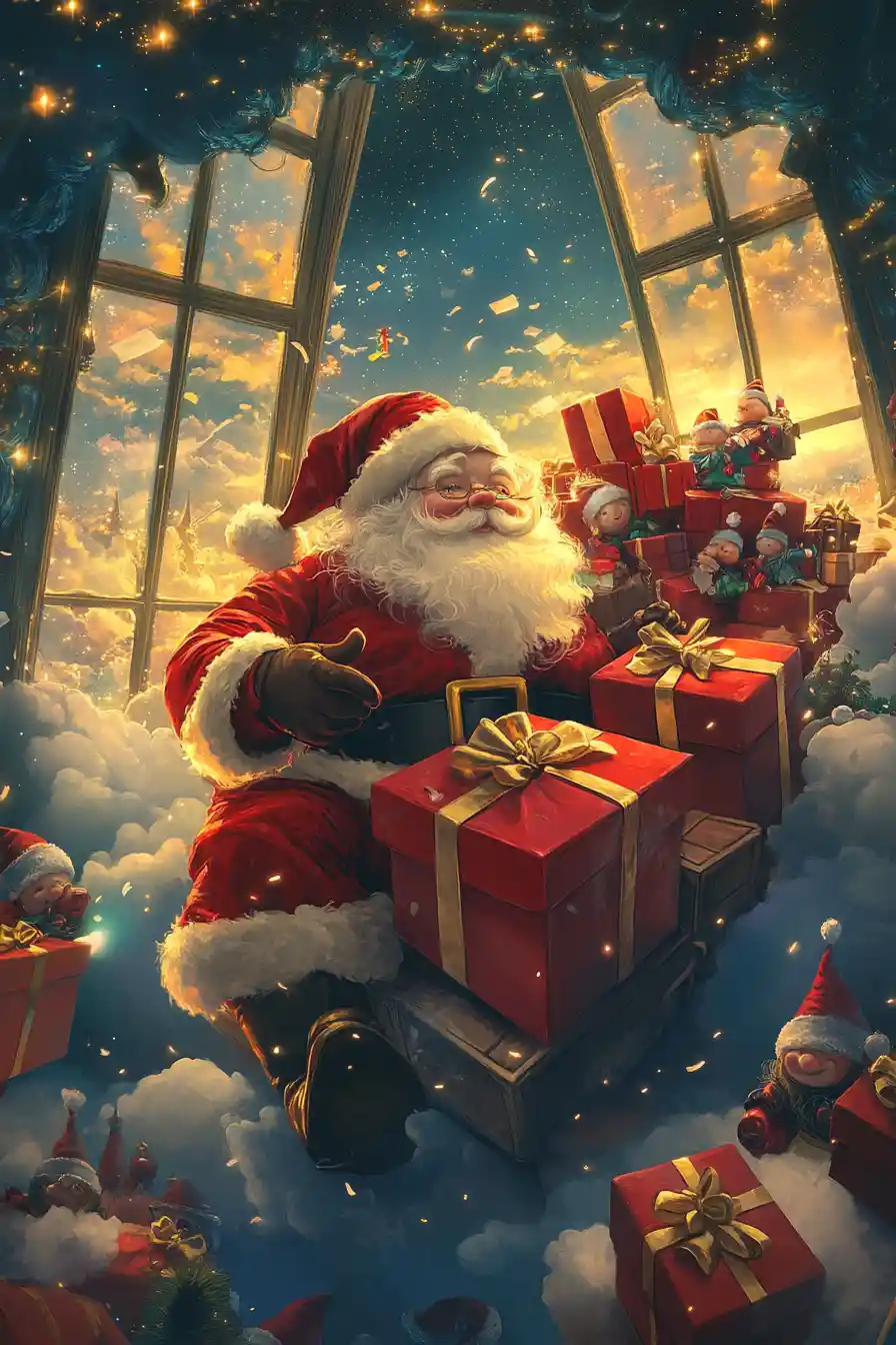 Goofy Santa Claus Wrapping Gifts In A Magical Cloud Warehouse