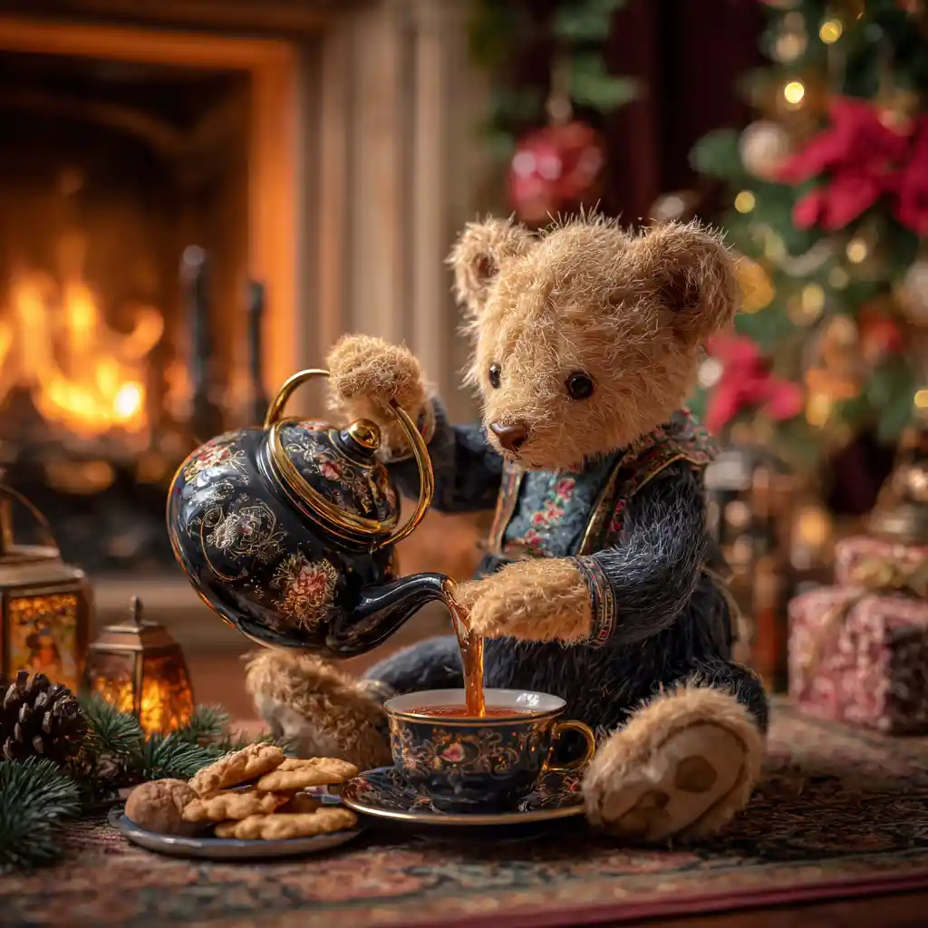 Dolce orsetto di peluche che versa il tè in una accogliente stanza di Natale