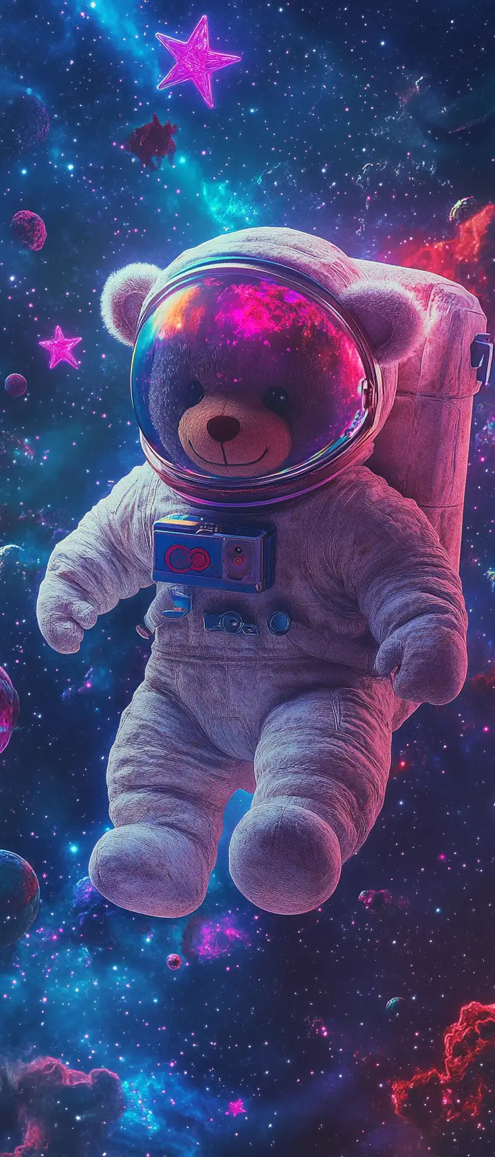 Osito astronauta flotando por el espacio cósmico de neón