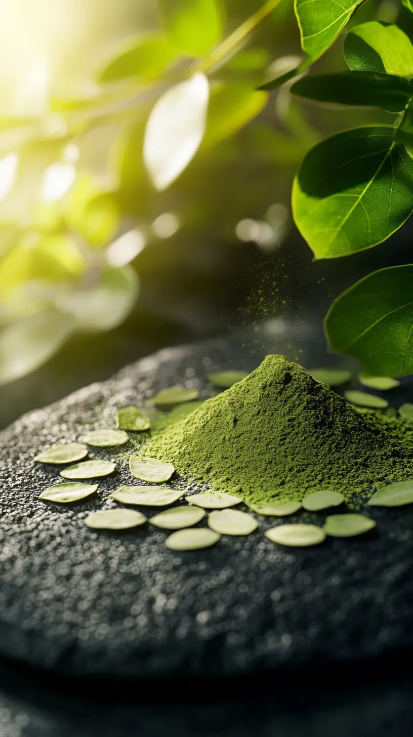 Vue macro de la poudre de moringa sur une surface en pierre sombre