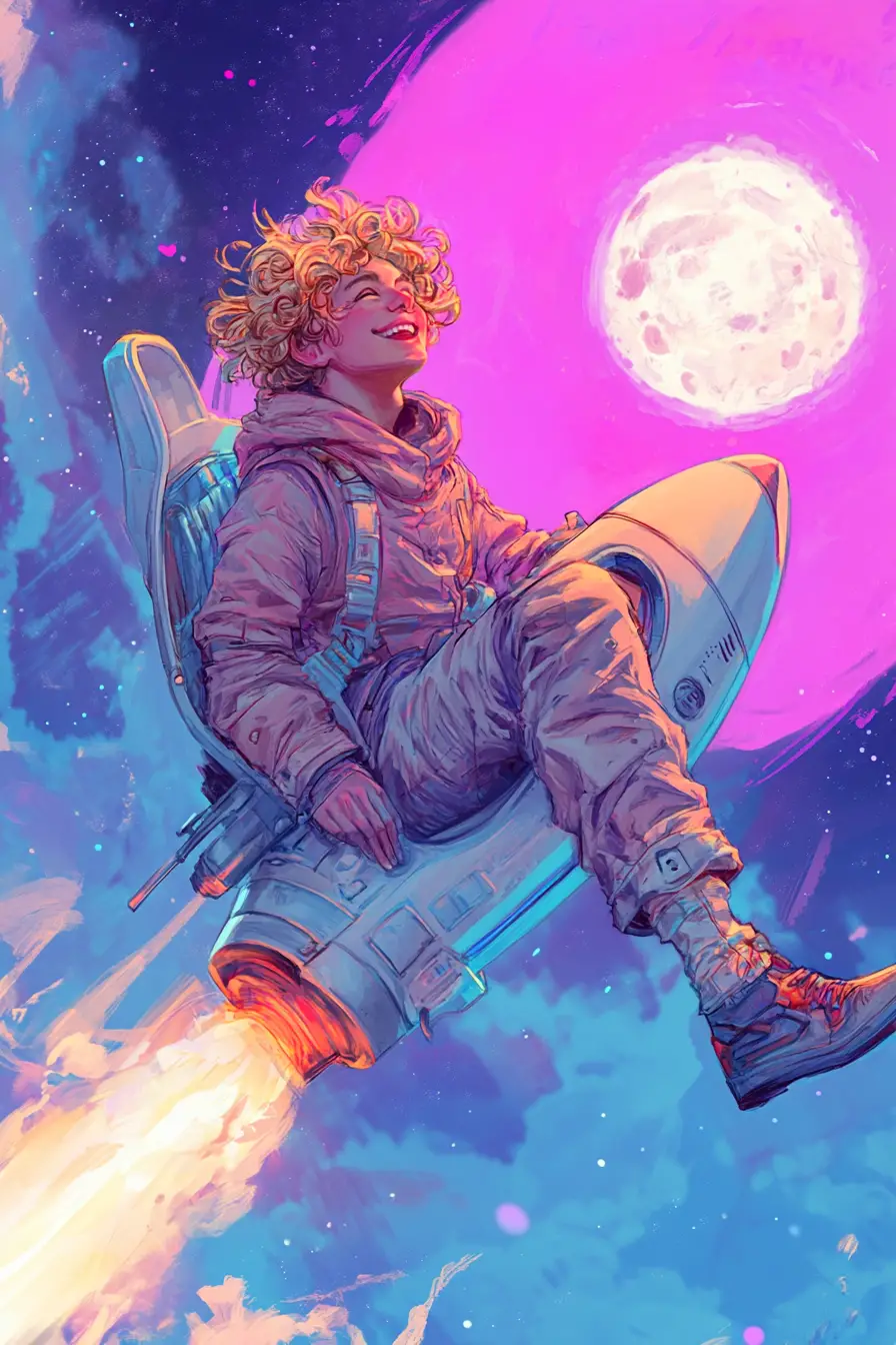 Homme blond souriant sur une petite fusée spatiale