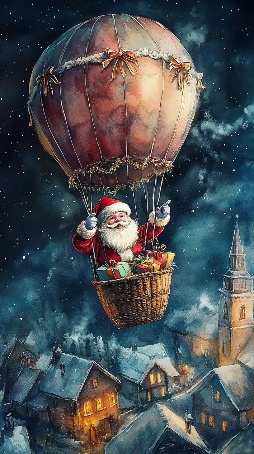 Babbo Natale che vola in mongolfiera la vigilia di Natale
