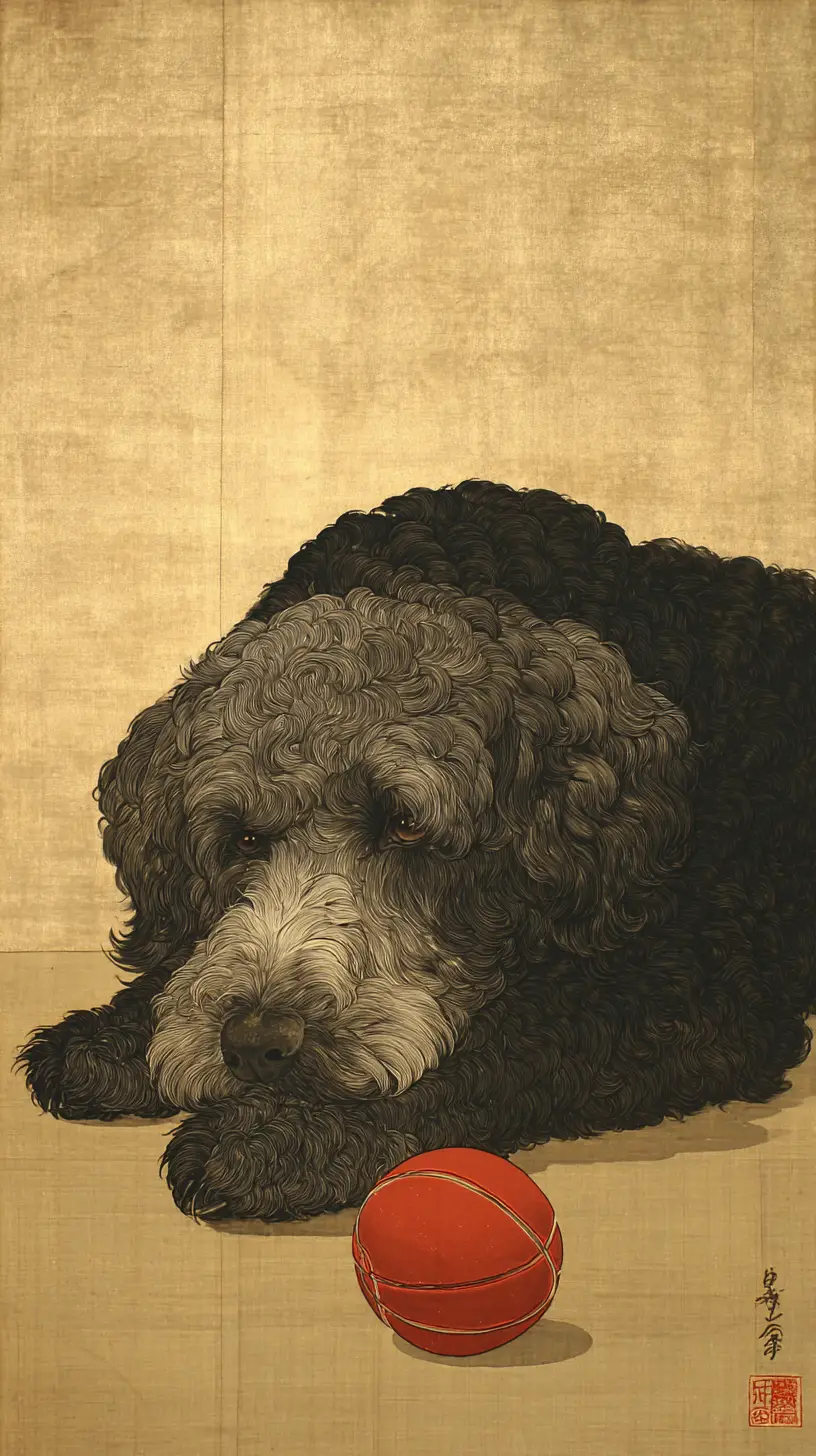 Japanisches Gemälde eines Hundes, der fröhlich mit einem Ball spielt