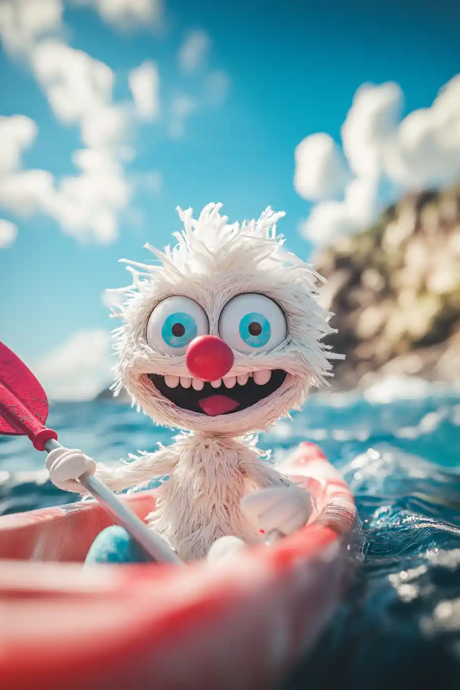 Marionnette joyeuse en kayak sur une mer magique et lumineuse