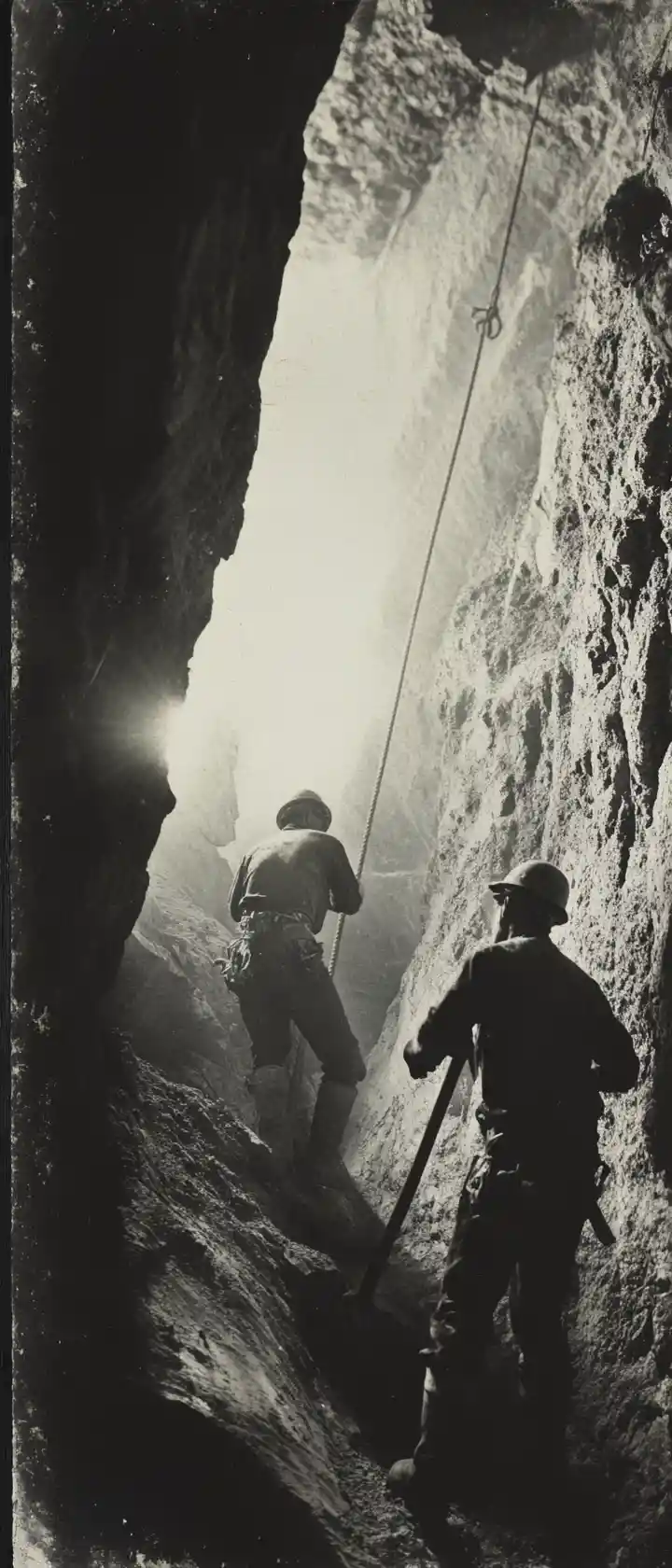 Müde Bergarbeiter, die bei Lampenlicht in einer dunklen Mine arbeiten